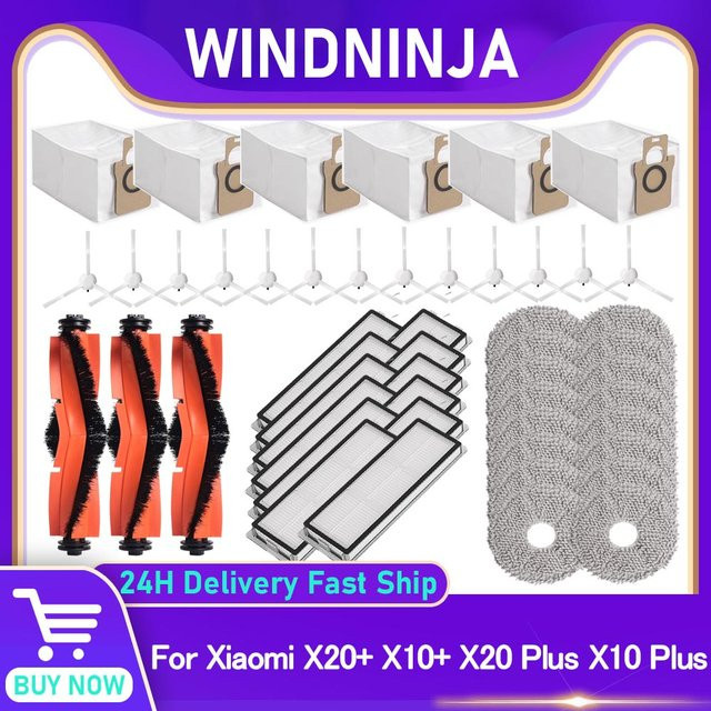 WINDNINJA Ersatzteil-Set für Xiaomi X10, X10 Plus, X20 Plus und X20 Roboterstaubsauger mit Mopptuch, Seitenbürsten, HEPA-Filter und Staubbeuteln aus Kunststoff - Bild 1
