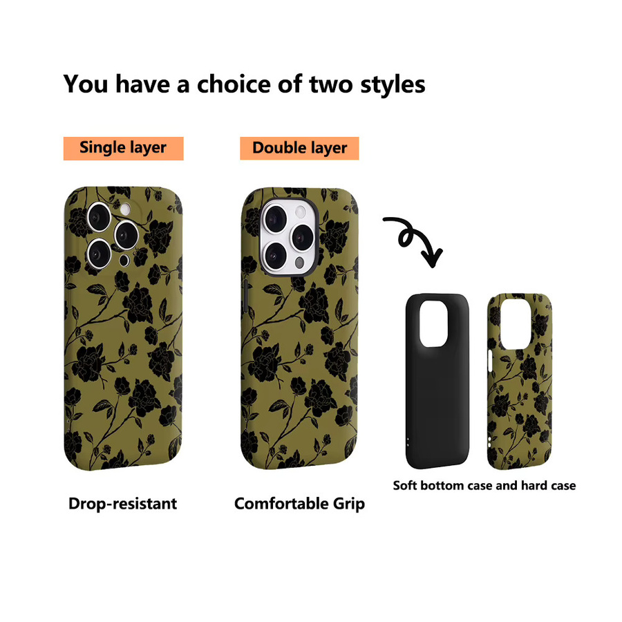 Handyhülle mit schwarzem Blumenmuster auf Olive für Apple iPhone 17 16 15 14 13 12 11 Pro Max Plus mit doppelschichtiger Rückseite - Bild 3