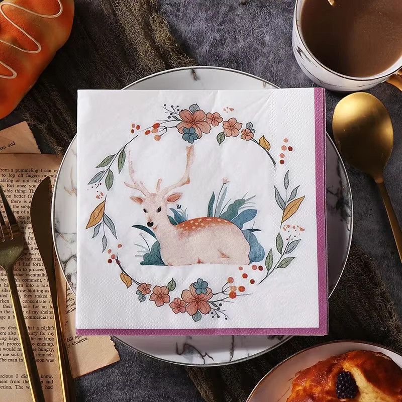 GUANYAO Bunte Servietten mit Pflaumen- und Hirsch-Print aus reinem Holzzellstoff, 20 Stück pro Paket, Multicolor - Bild 2