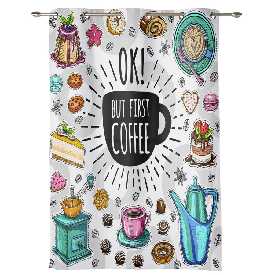 Semitransparente Fenstervorhänge mit Kaffeetassen- und Kuchen-Motiv für Küche, Wohnzimmer oder Kinderzimmer, Mehrfarbig, Breite: 135 cm, Höhe: 60 cm - Bild 1