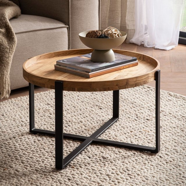 FineBuy Couchtisch aus Akazie Massivholz rund in Braun mit Kreuzgestell im Industrial-Design, Durchmesser: 60 cm, Höhe: 36 cm - Bild 1