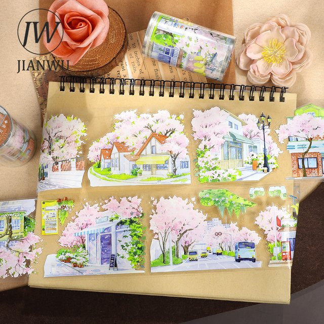 JIANWU PET-Klebeband Vintage Flower Street Road Landscape Motiv für Scrapbooking und DIY-Tagebuch, Mehrfarbig, Breite: 7 cm, Länge: 5 m - Bild 1