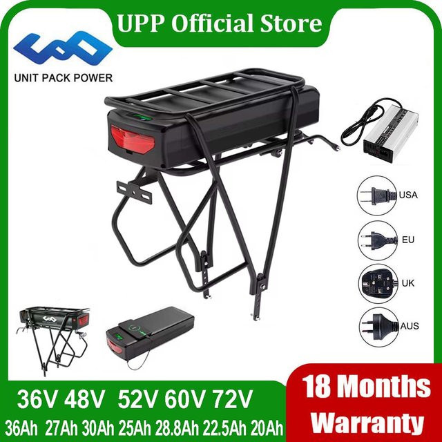 UNITPACKPOWER E-Bike Akku mit Gepäckträger in Schwarz, kompatibel mit 24 bis 28 Zoll Rädern und Motoren von 500 W bis 1500 W - Bild 1