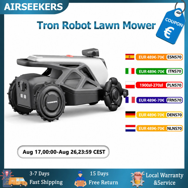 Airseekers Tron Roboter-Rasenmäher mit APP-Steuerung, RuggedRide All-Terrain-Design, 65% Steigfähigkeit, AirVision AI + RTK, Schwarz - Bild 1