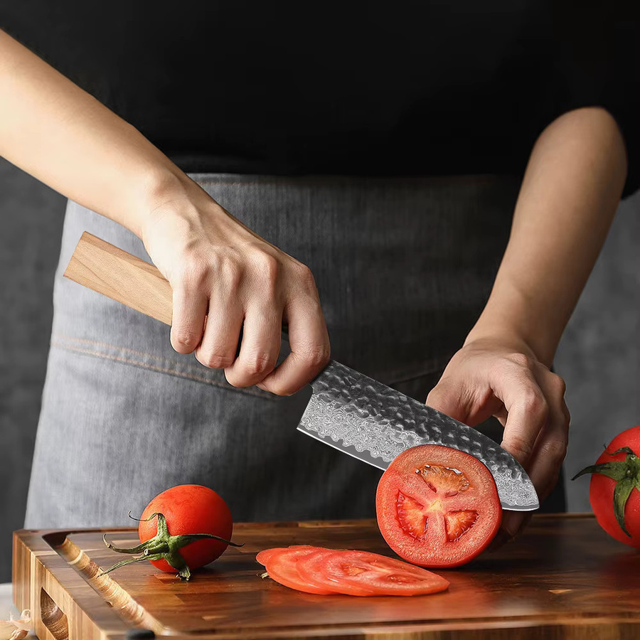 TURWHO Santokumesser aus Damaststahl, 12,7 cm japanisches Kochmesser mit Holzgriff, Silber - Bild 4