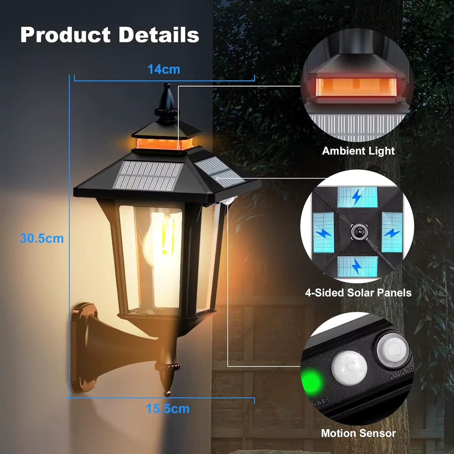 COLBOR Solar-Außenleuchten im Vintage-Design, 2er-Set, Schwarz, mit Bewegungsmelder, 2200 mAh, 3 Modi, IP65 wasserdicht, Warmweiß - Bild 3