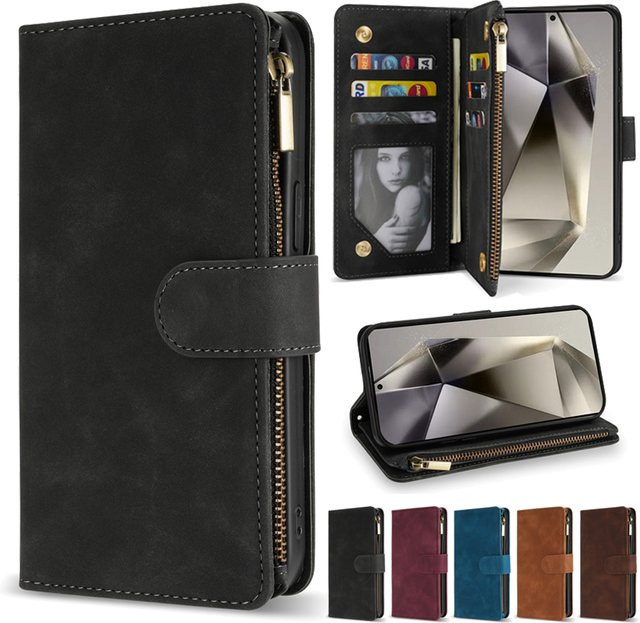 Magnetische Leder-Brieftasche mit Multi-Kartenfach und Zipper-Ständer für Samsung Galaxy S24 Ultra S23 FE S22 Plus A14 A15 A53 A54 A55 in Schwarz oder Rot - Bild 1