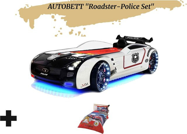 Autobett Kinderbett Roadster Police mit LED, Sound und Sportsitzen in Schwarz-Weiß, B/T/H: 90 x 190 cm - Bild 1