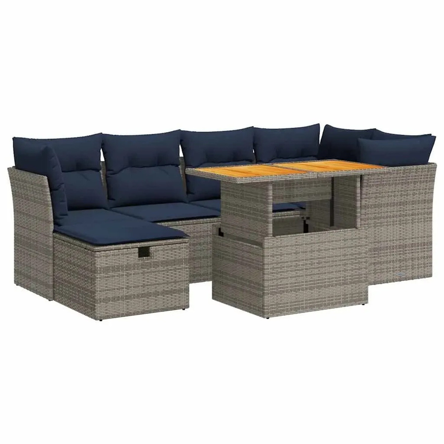 vidaXL 7-teilige Garten-Sofagarnitur aus Poly-Rattan und Akazienholz in Schwarz und Grau mit Kissen - Bild 2