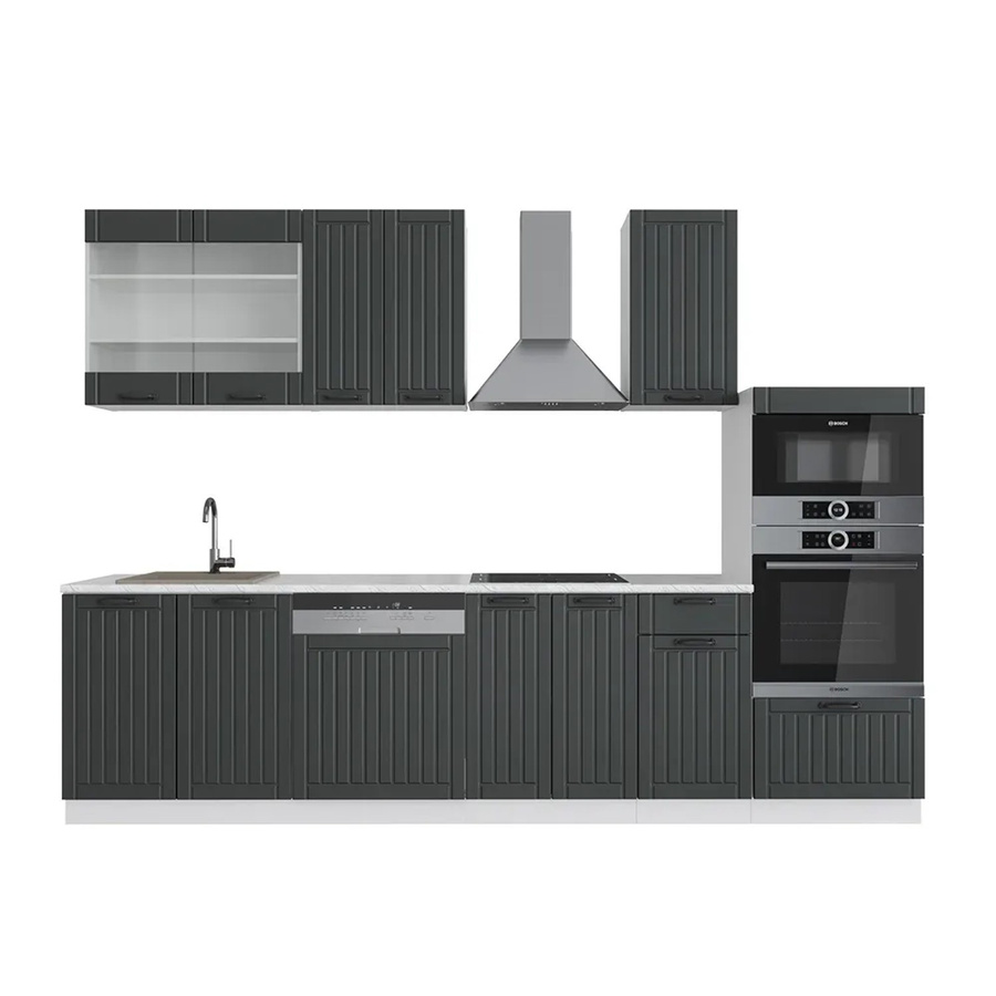 Vicco Fame-Line Küchenzeile im Landhausstil in Anthrazit und Weiß mit Hochschrank und Marmor-Arbeitsplatte, Breite: 300 cm - Bild 2