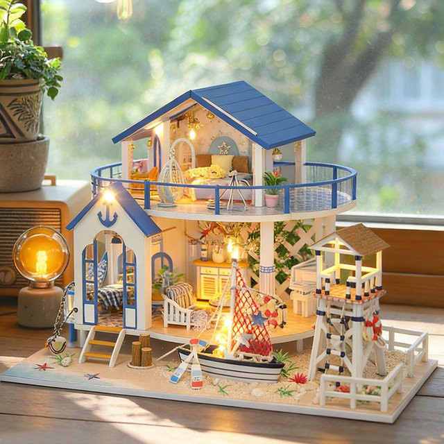 Zuuton DIY Miniatur Haus Set, Zweistöckiges Strandhaus, Holz, mit LED Lichter, ab 14 Jahren - Bild 1