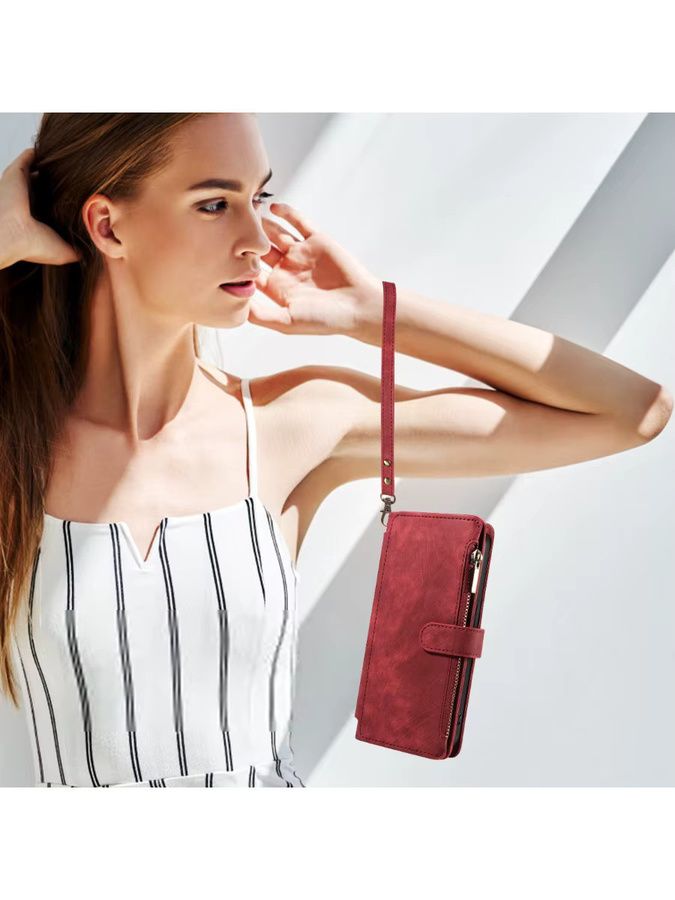 Stoßfeste PU-Leder Handyhülle für Samsung Galaxy Z Fold 3, Z Fold 4, Z Fold 5 und Z Fold 6 mit Trageriemen, Ständer und Kartenfach in Grün oder Rot - Bild 1