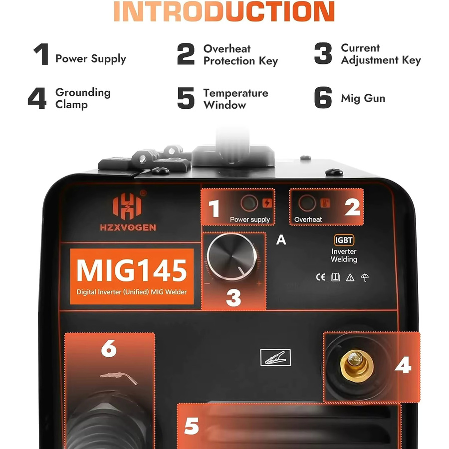 HZXVOGEN MIG145 Schweißgerät, tragbares 220V IGBT-Inverter-Schweißgerät ohne Gas mit Fülldraht, schwarz, IP21 wasserdicht - Bild 5