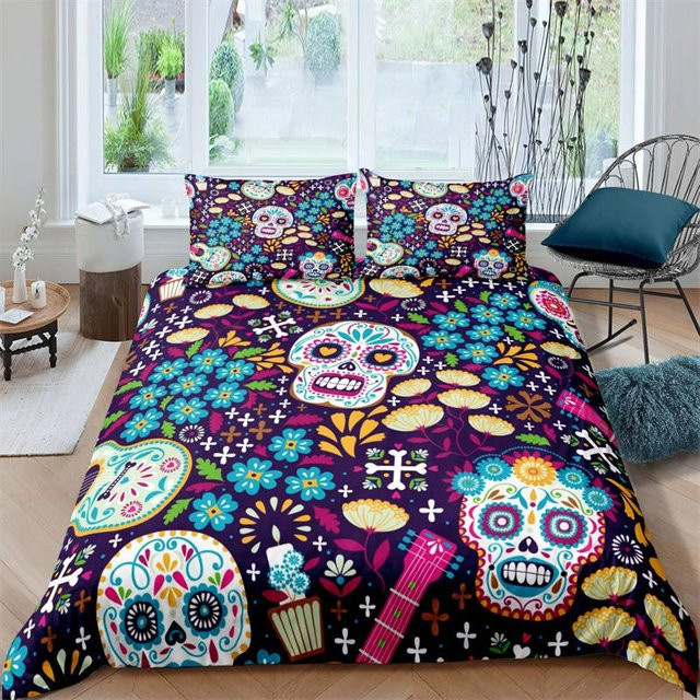 Zuckerschädel Bettwäsche Set mit Gothic Skelett und floralem Design von Binchi Outdoor Product, Mehrfarbig, B: 140 cm, L: 210 cm - Bild 1