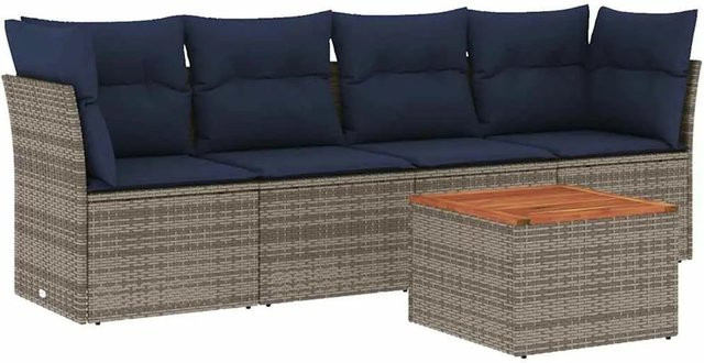 vidaXL 5-teilige Garten-Sofagarnitur in L-Form aus grauem Poly-Rattan mit Tisch und Kissen - Bild 1
