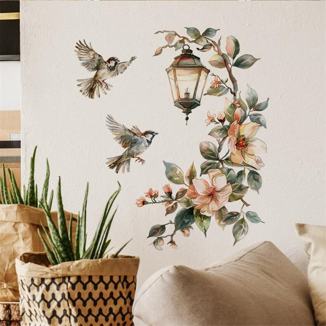 Selbstklebender Wandaufkleber mit bunten Blumen, Vögeln und floralen Motiven für Schlafzimmer und Wohnzimmer, B/H: 29 x 22 cm - Bild 1