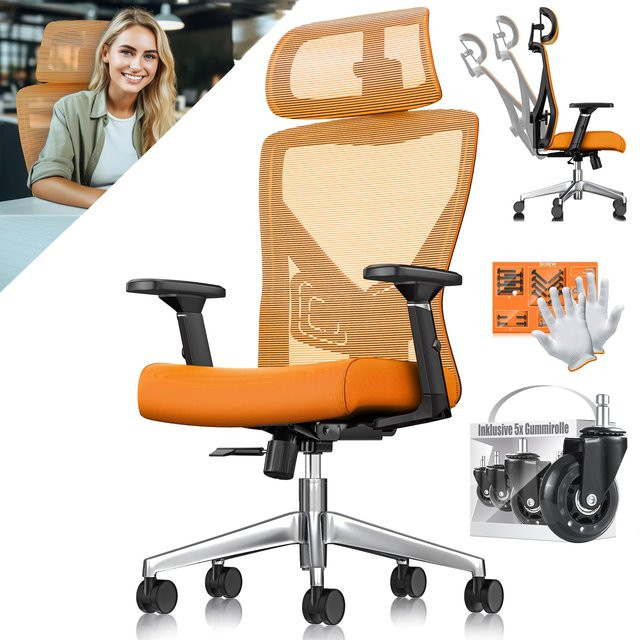 Ergonomischer KESSER Bürostuhl mit verstellbaren Armlehnen, Kopfstütze und Lendenwirbelstütze, Drehstuhl mit Wippfunktion und Gummirollen - Bild 1