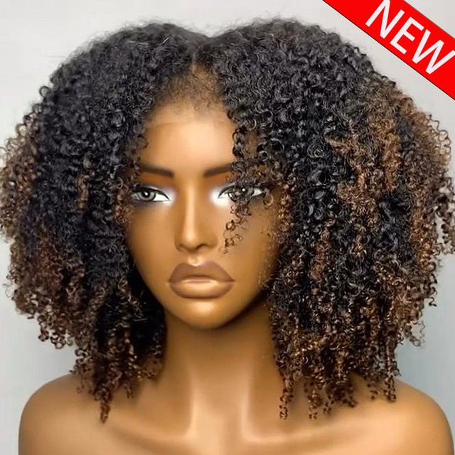 Remeluxe Echthaar-Perücke, 13x4 HD Lace Front, Kinky Curly, Ombre Braun - Bild 1