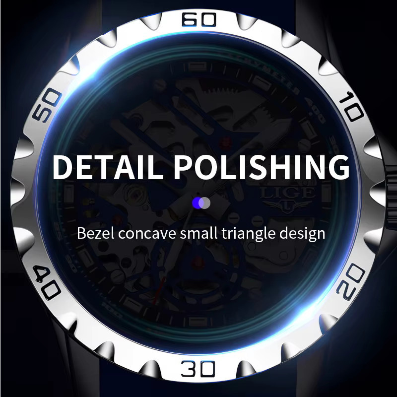 LIGE Armbanduhr Automatik, Edelstahl, Silikon, Blau, Herren - Bild 5
