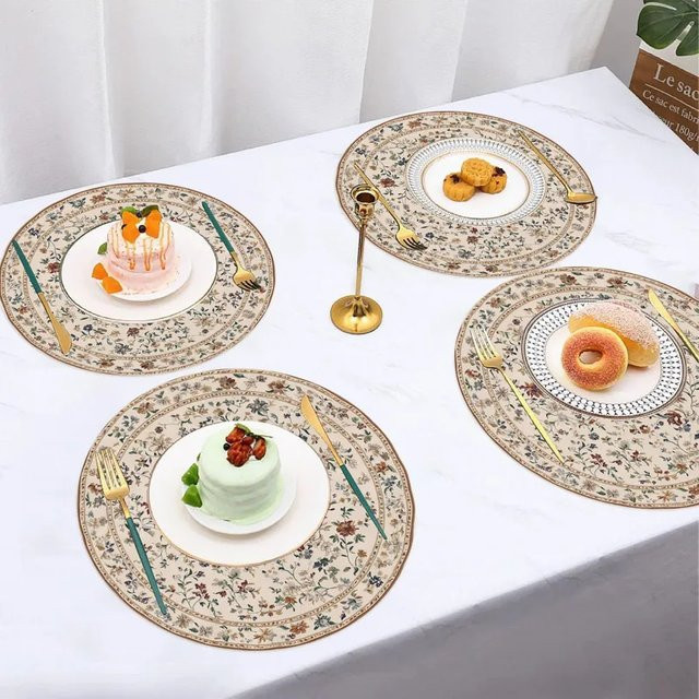 VIKAMA 4-teiliges Set runde Blumen-Tischsets aus Leinen in Braun, rustikale und wasserdichte Tischmatten für Küche und Esszimmer - Bild 1
