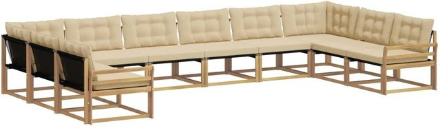 vidaXL Outdoor-Sofagarnitur 10-teilig in U-Form aus massivem Akazienholz mit Textilene und Kissen in Weiß und Beige - Bild 1
