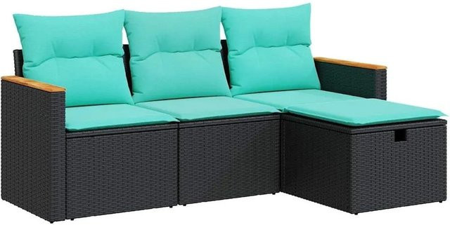 vidaXL 4-teilige Garten-Sofagarnitur aus Poly-Rattan mit Kissen in Schwarz, Blau und Türkis - Bild 1