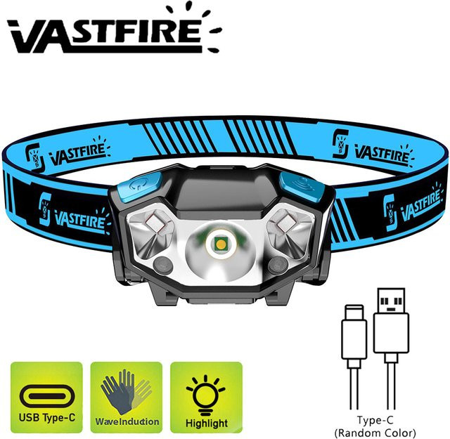 VASTFIRE LED COB Stirnlampe Schwarz mit USB-Akku für Outdoor, Camping und Arbeit - Bild 1
