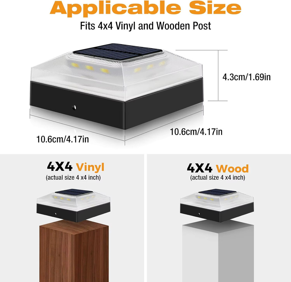4x4 Solar-Pfostenkappenleuchten Set in Schwarz für Garten und Terrasse, IP65 Wasserdicht, 3 Farbmodi, Passend für Vinyl, PVC und Holzpfosten, B/T/H: 10,6 x 10,6 x 4,3 cm - Bild 2