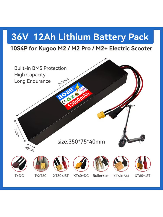 AOAE 36V Lithium-Akkupack für Kugoo M2 M2 Pro Elektroroller, 12Ah, 10S4P mit Grade-A 18650 Zellen, integriertes BMS, Schwarz, XT60 und JST Anschlüsse - Bild 1