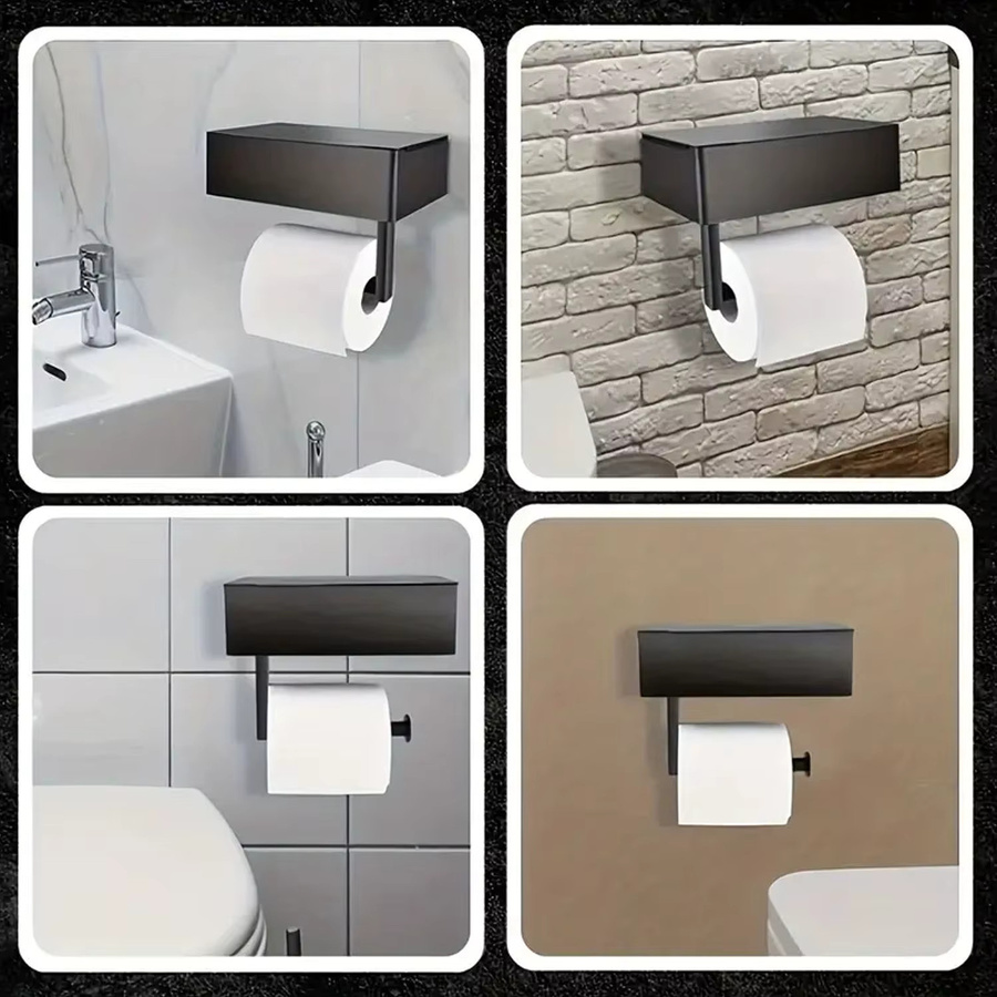 Ouelico Toilettenpapierhalter aus Edelstahl in Schwarz zur Wandmontage mit Ablagefach und Feuchttücher-Spender - Bild 2