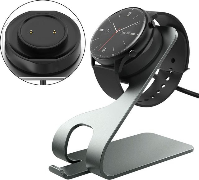 Ladeständer für Amazfit Active, Bip 5, Bip 3 Pro, GTS 2, GTS 4 Mini, GTR 2, 2e und Bip U mit 1,5 m USB-C Kabel in Grau - Bild 1