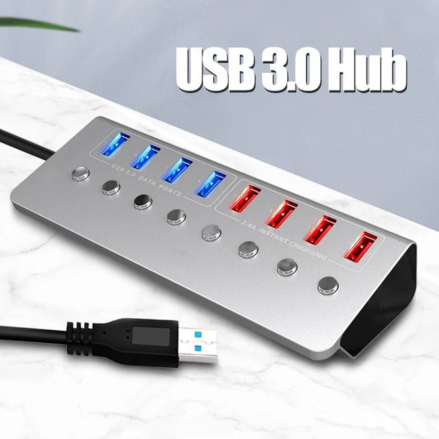 MOSHOU 7in1 USB-Hub 3.0 mit LED-Anzeige und individuellen Schaltern, USB-Adapter in Silber - Bild 1