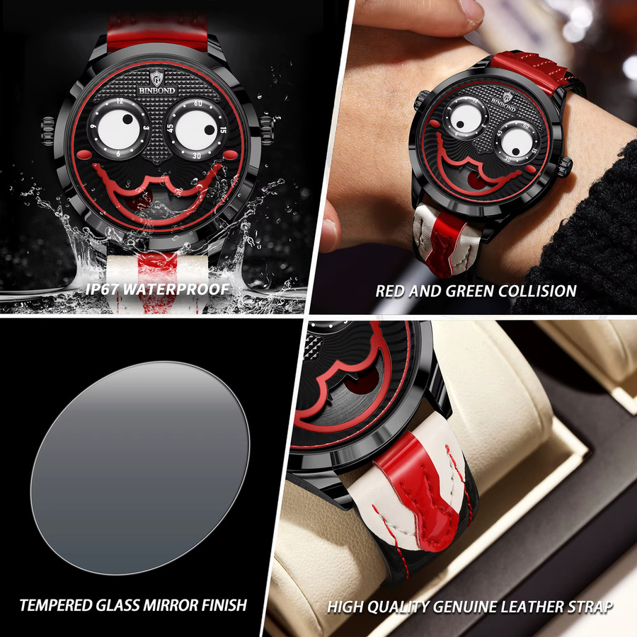 BINBOND Armbanduhr Clown Face, Quarz, Leder, Schwarz, Herren - Bild 6