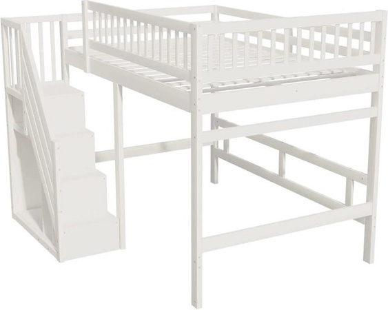 okwish Massivholzbett für Kinder aus Kiefernholz mit Treppe und Aufbewahrungsschrank, Farbe: Weiß, B/T/H: 140 x 200 x 173 cm