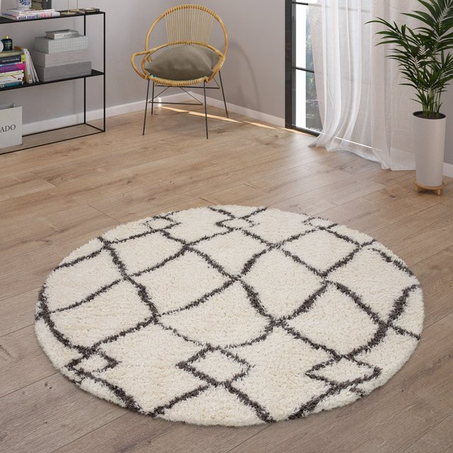 Hochflor-Teppich Oregon in Beige mit Rautenmuster im Skandi-Boho-Mix, Durchmesser: 200 cm - Bild 1