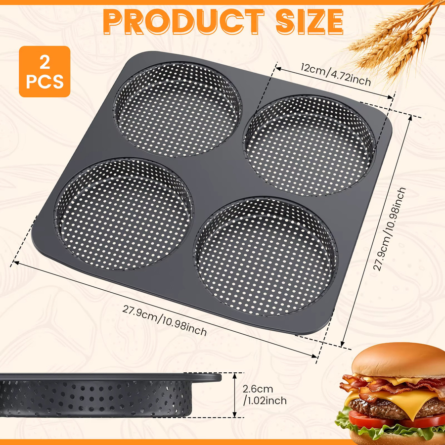 Willstar 4-Fach Hamburgerbrötchen-Backform aus Kohlenstoffstahl, Antihaft-Beschichtung, Schwarz - Bild 2