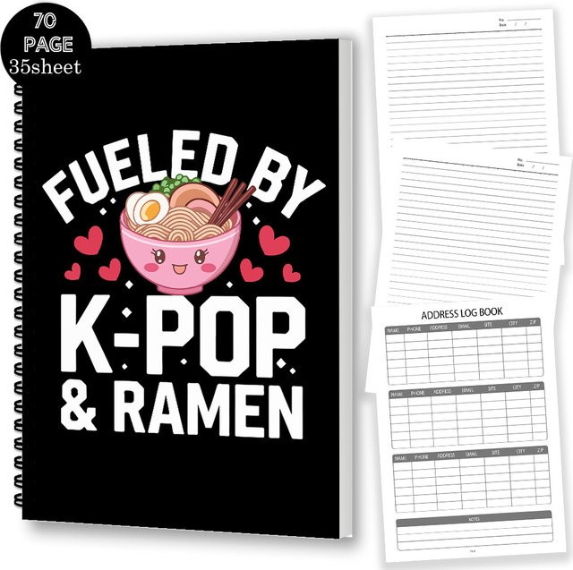 Spiral-Notizbuch mit K-Pop-Ramen-Motiv, A5 Softcover, liniertes Papier, Schwarz - Bild 1