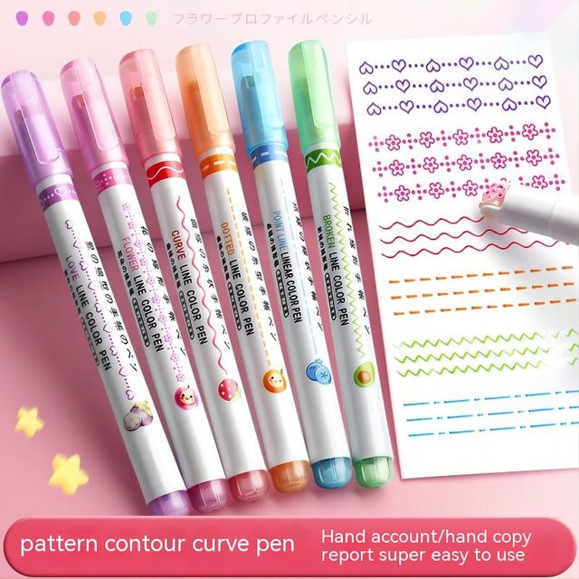 Kawaii Flowers Line Shaped Textmarker Set mit Rollenspitze und Curve Liner, 6-teiliges Set in Multicolour zum Schreiben und Journaling - Bild 1