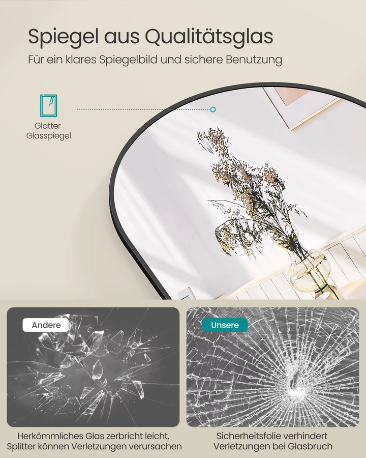 SONGMICS Ganzkörperspiegel mit gewölbtem Rahmen aus Aluminiumlegierung und Hartglas in Schwarz für Schlafzimmer, Wohnzimmer und Garderobe - Bild 1