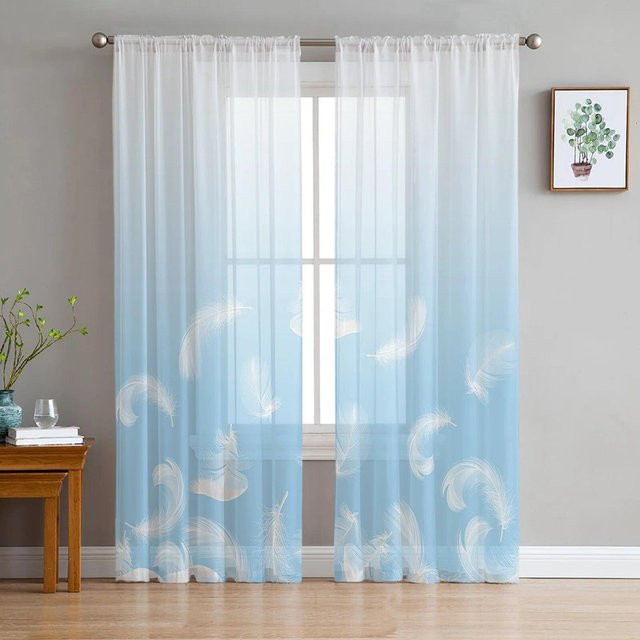 Transparenter Voile-Hängevorhang von A Family Of Home Textiles mit Pfauenfedern-Design in Grün, Breite: 135 cm, Höhe: 114 cm - Bild 1