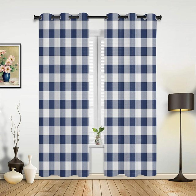 Yiran Furniture Vorhang mit Karomuster in Marineblau, halbtransparent, Idyllischer Stil, Breite: 135 cm, Höhe: 115 cm - Bild 1