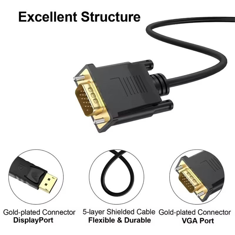 OUIO DisplayPort auf VGA Adapterkabel in Schwarz, HD 1080P DP zu VGA Konvertierungskabel für PC, Laptop und Projektor, Länge: 1,8 m - Bild 3