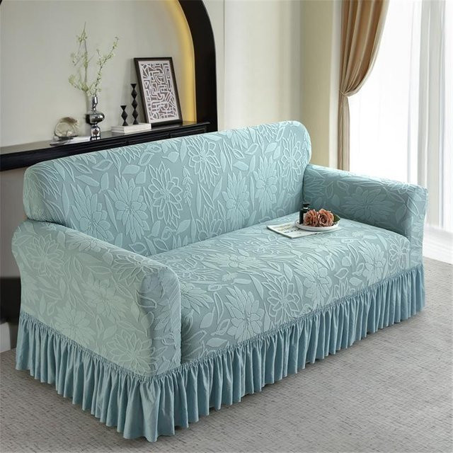 Rutschfester Jacquard Sofabezug mit Volant in Grau, elastischer Stretch-Couchbezug für dein Wohnzimmer - Bild 1