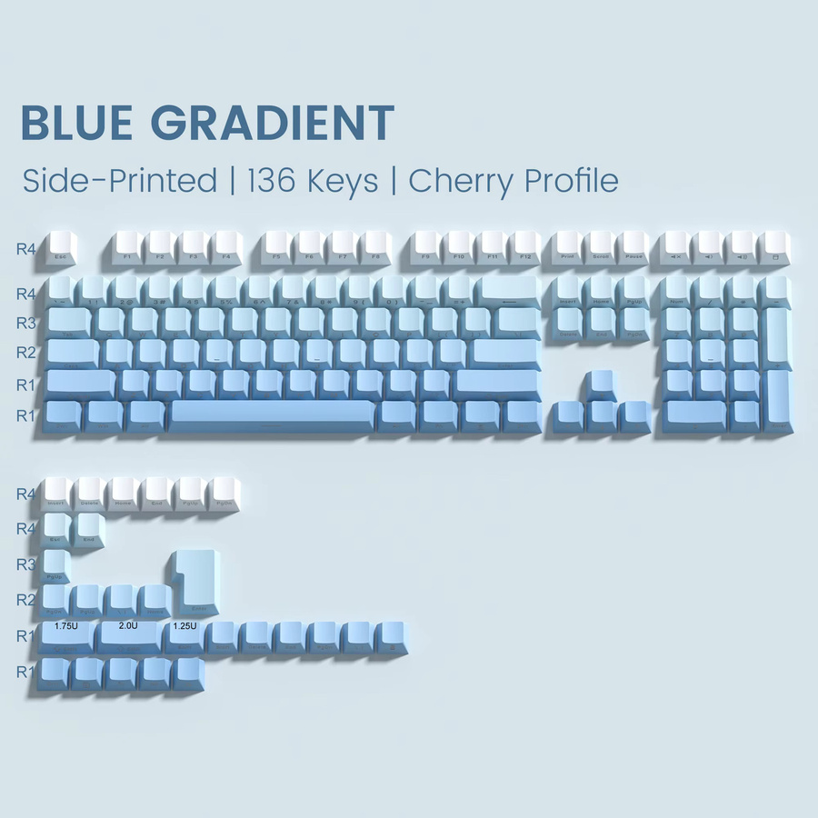 Double-Shot PBT Tastenkappen mit blauem Farbverlauf im Cherry-Profil, 136 Tasten für MX-Schalter wie Cherry und Gateron, seitlich bedruckt - Bild 2