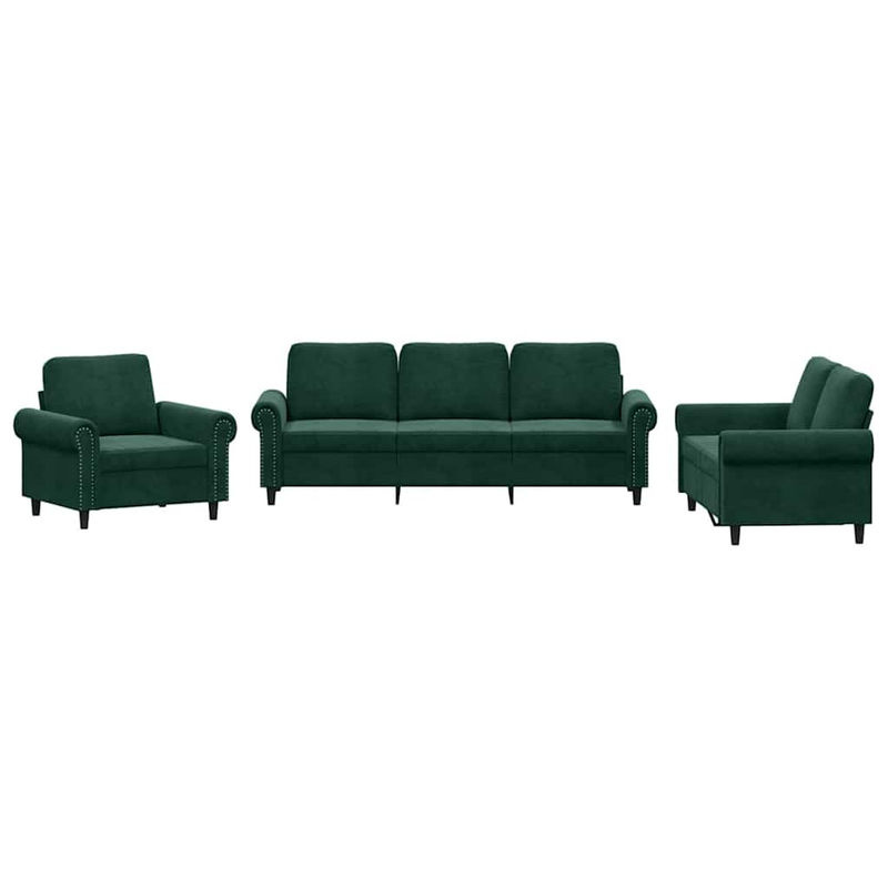 Vidaxl 3-teilige Entspannungsgarnitur mit Kissen in Dunkelgrün aus Samt im klassischen Design - Bild 2