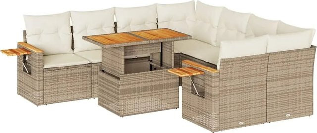 vidaXL 9-tlg. Garten-Sofagarnitur in L-Form mit Kissen und Couchtisch, Beige, Polyrattan und Akazienholz - Bild 1