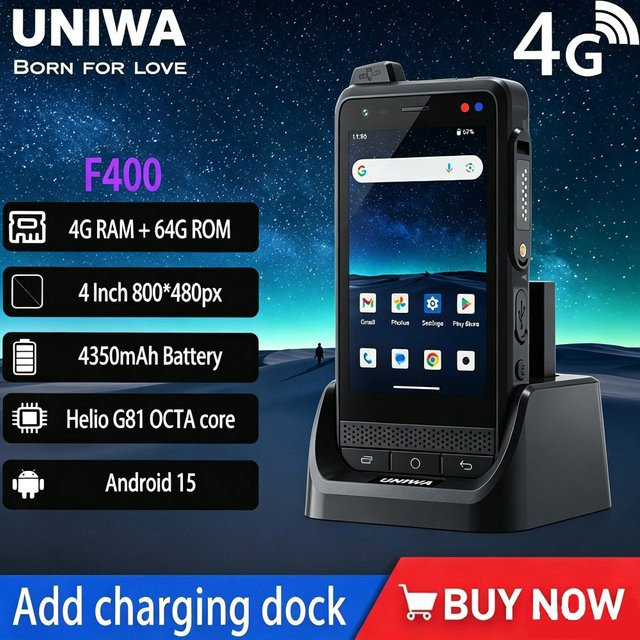 UNIWA F400 Robustes PDA mit Android 15, 4G LTE, 4,0 Zoll Display, NFC und abnehmbarem 4350mAh Akku in Schwarz inklusive Ladestation - Bild 1