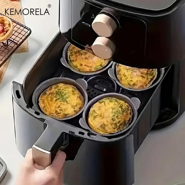 KEMORELA 4er Set Silikon Ramekins in Grau, Antihaftbeschichtete Muffinformen und Eier-Poacher für Heißluftfritteusen - Bild 1