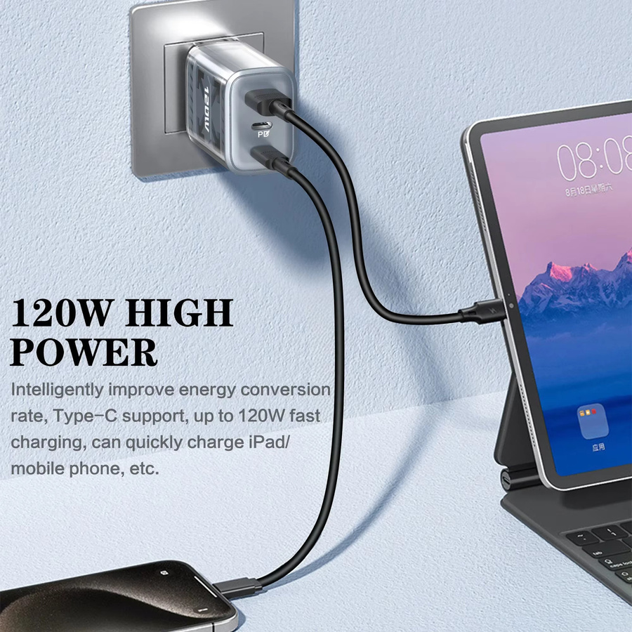 120 W USB-Ladegerät mit QC3.0 und PD Typ C Schnellladung, Wandadapter in Grau für iPhone 15 16, Xiaomi und Samsung S24 - Bild 3