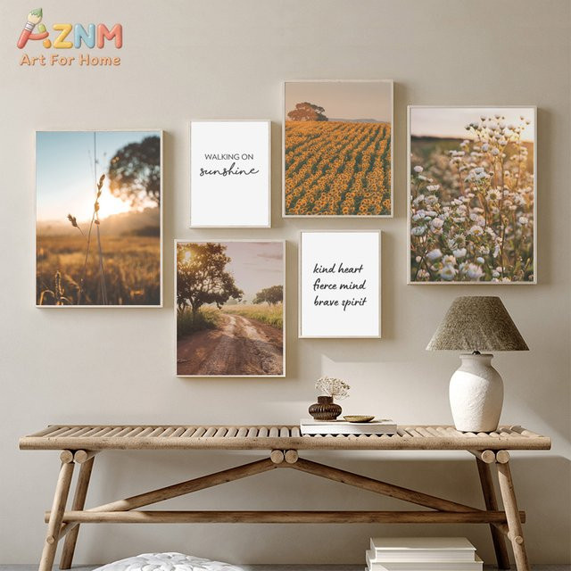 AZNM Golden Hour Countryside und Sonnenblumenfeld Leinwand-Wandkunstdruck mit inspirierendem Zitat in Gelb und Multicolour, florale Naturlandschaft als Textildruck ohne Rahmen - Bild 1